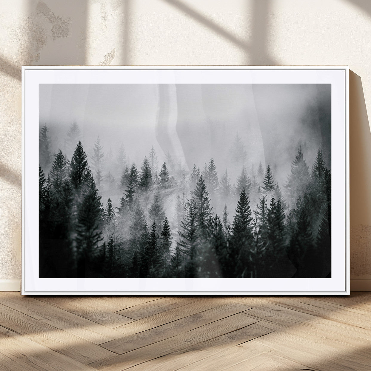 MGC-FP-36x24 - Foggy Pine Forest Canvas Wall Art, Horizontal Black and White Nature Landscape Print for Modern,