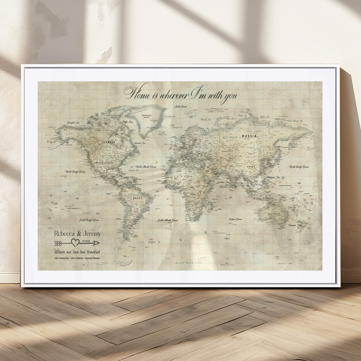 MGC-FP-36x24 - Personalized World Map Wall Art Canvas Print – Custom Push Pin Travel Map for Couples, Families, or Office Décor