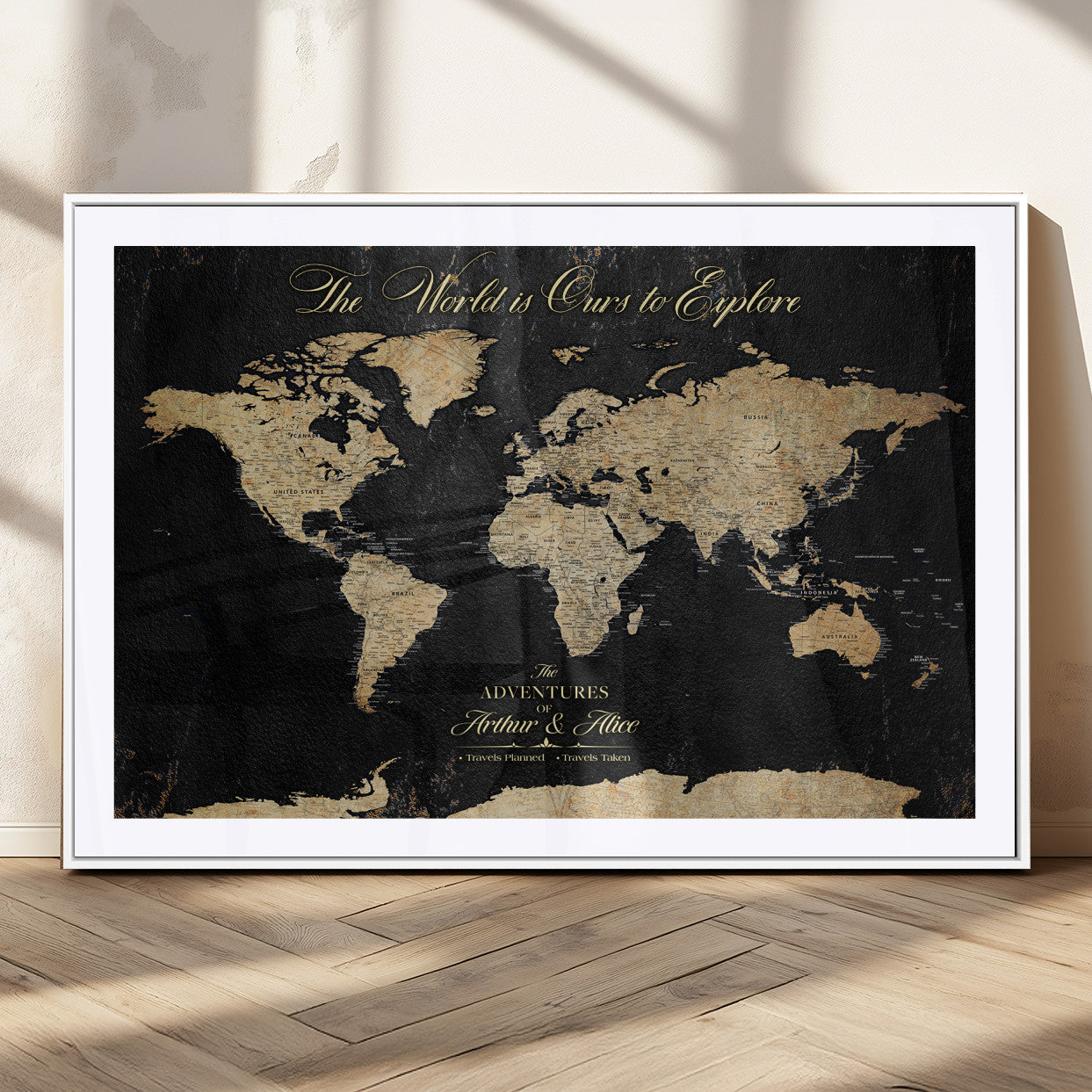 MGC-FP-36x24 - Personalized World Map Wall Art Canvas Print – Custom Push Pin Travel Map for Couples, Families, or Office Décor