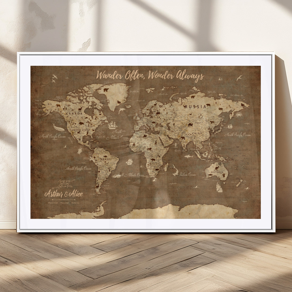 MGC-FP-36x24 - Personalized World Map Wall Art Canvas Print – Custom Push Pin Travel Map for Couples, Families, or Office Décor