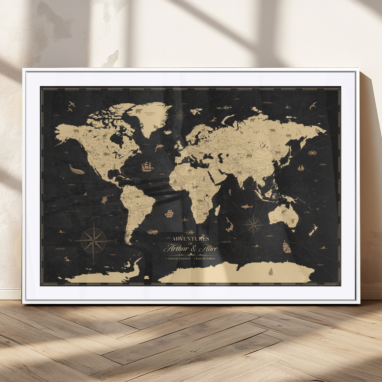MGC-FP-36x24 - Personalized World Map Wall Art Canvas Print – Custom Push Pin Travel Map for Couples, Families, or Office Décor
