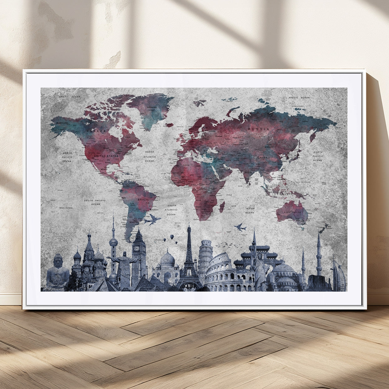 MGC-FP-36x24 - Push Pin World Map Canvas Print – Framed Wall Art for Couples to Track Their Travels – Anniversary