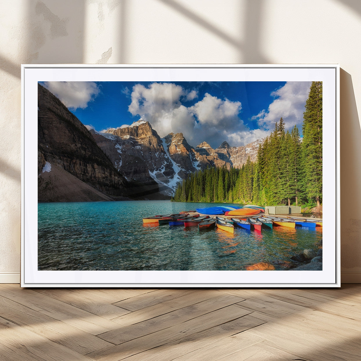 MGC-FP-36x24 - Moraine Lake 3-Panel Wall Art, Majestic Mountain and Lake Landscape Canvas Print Canoes on Moraine