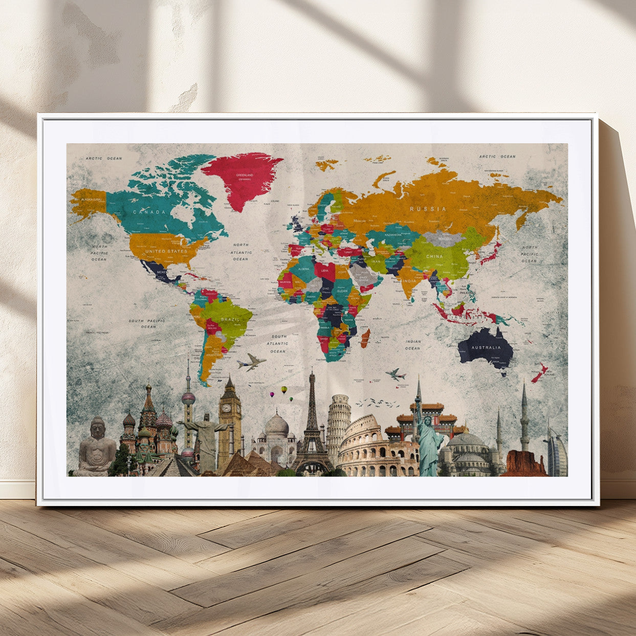 MGC-FP-36x24 - Push Pin World Map Canvas Print – Framed Wall Art for Couples to Track Their Travels – Anniversary