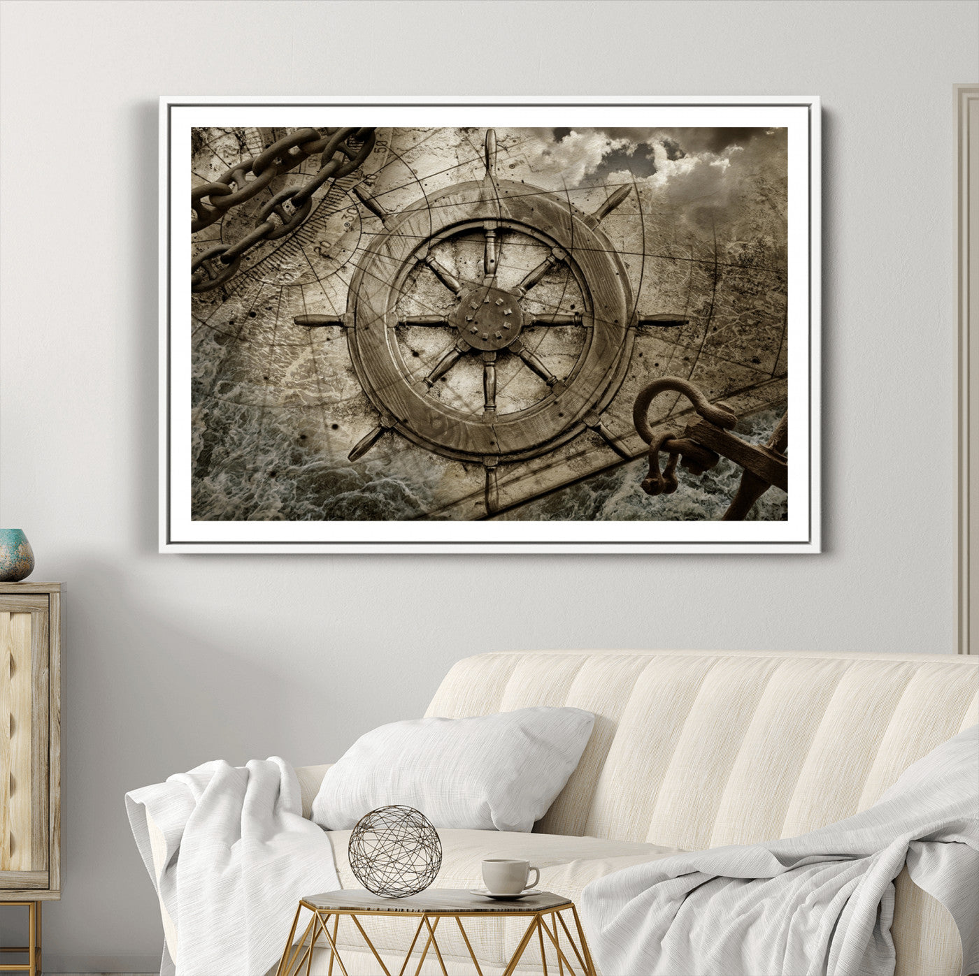 98180-MGC-FP-36x24_White-Wooden Ship Wheel Canvas Print, Multi Panel Canvas Wall Art Print