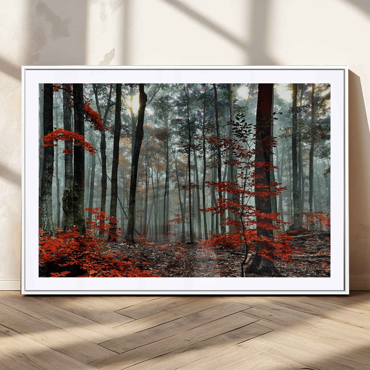 MGC-FP-36x24 - Autumn Forest Canvas Wall Art – Enchanting Red Leaves Triptych Print – Nature-Inspired Decor for