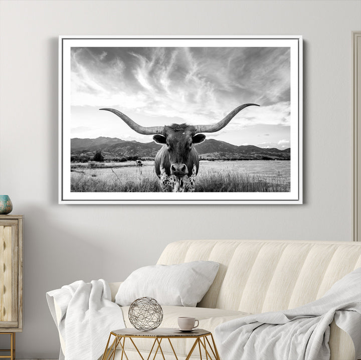 Longhorn Cow Wall Art Canvas Print Farmhouse Wall Art - Texas Longhorn Wall Art Print