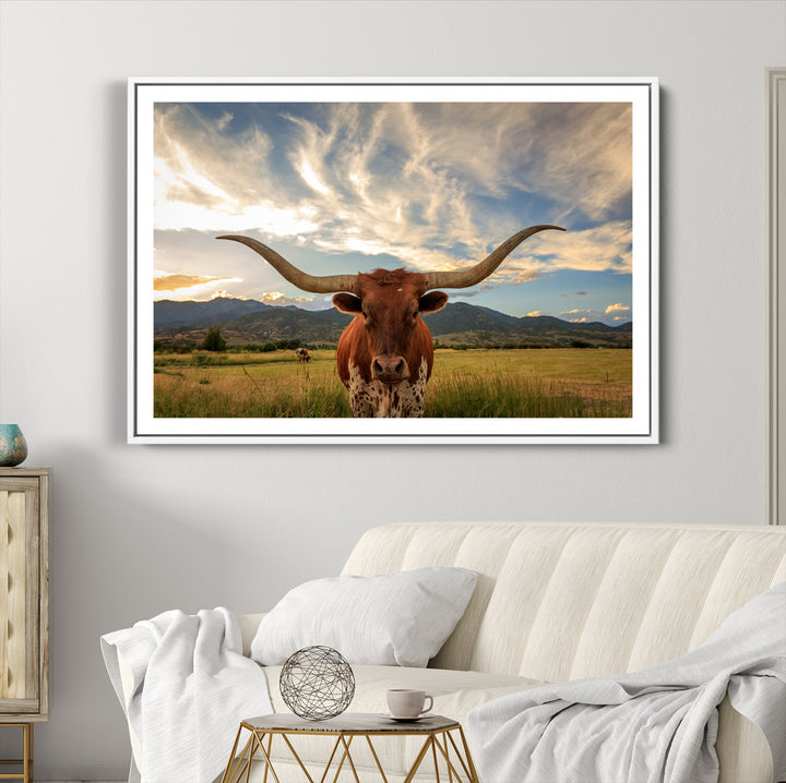 Texas Longhorn Canvas Wall Art – Majestic Triptych Animal Print – Rustic Western Decor for Living Room or Office – Ready to Hang
