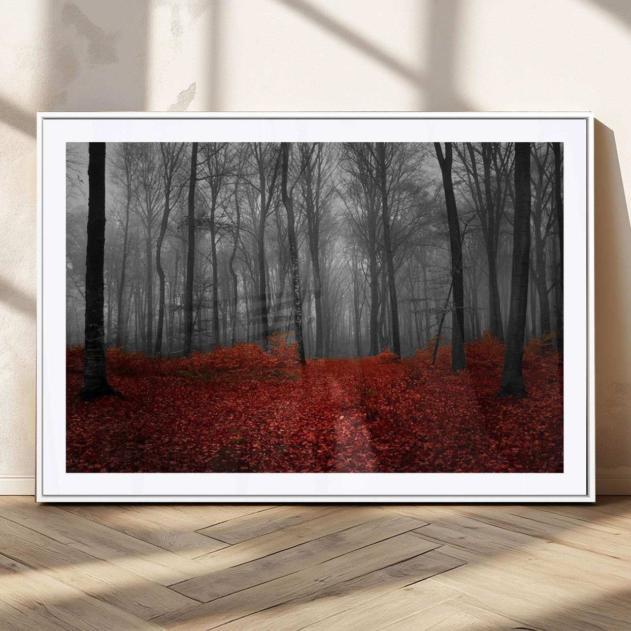 38804-MGC-FP-36x24_White-Red Forest Floor Canvas Wall Art – Mystical Foggy Woodland Triptych – Nature-Inspired Decor for