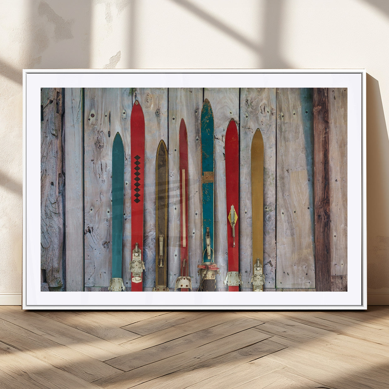 MGC-FP-36x24 - Vintage Wooden Weathered Ski's in Front of an Old Barn Wall Art Canvas Print for Farmhouse, Cabin