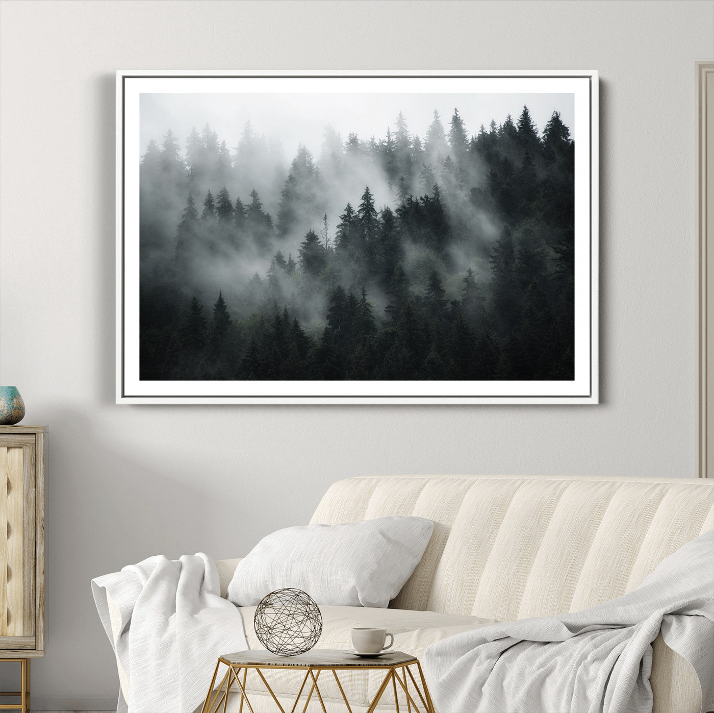 52359-MGC-FP-36x24_White-Foggy Forest Wall Art Canvas Print | 3 Panel Large Misty Landscape for Dining Room, Office, or Living Room | Ready to Hang Nature Deco