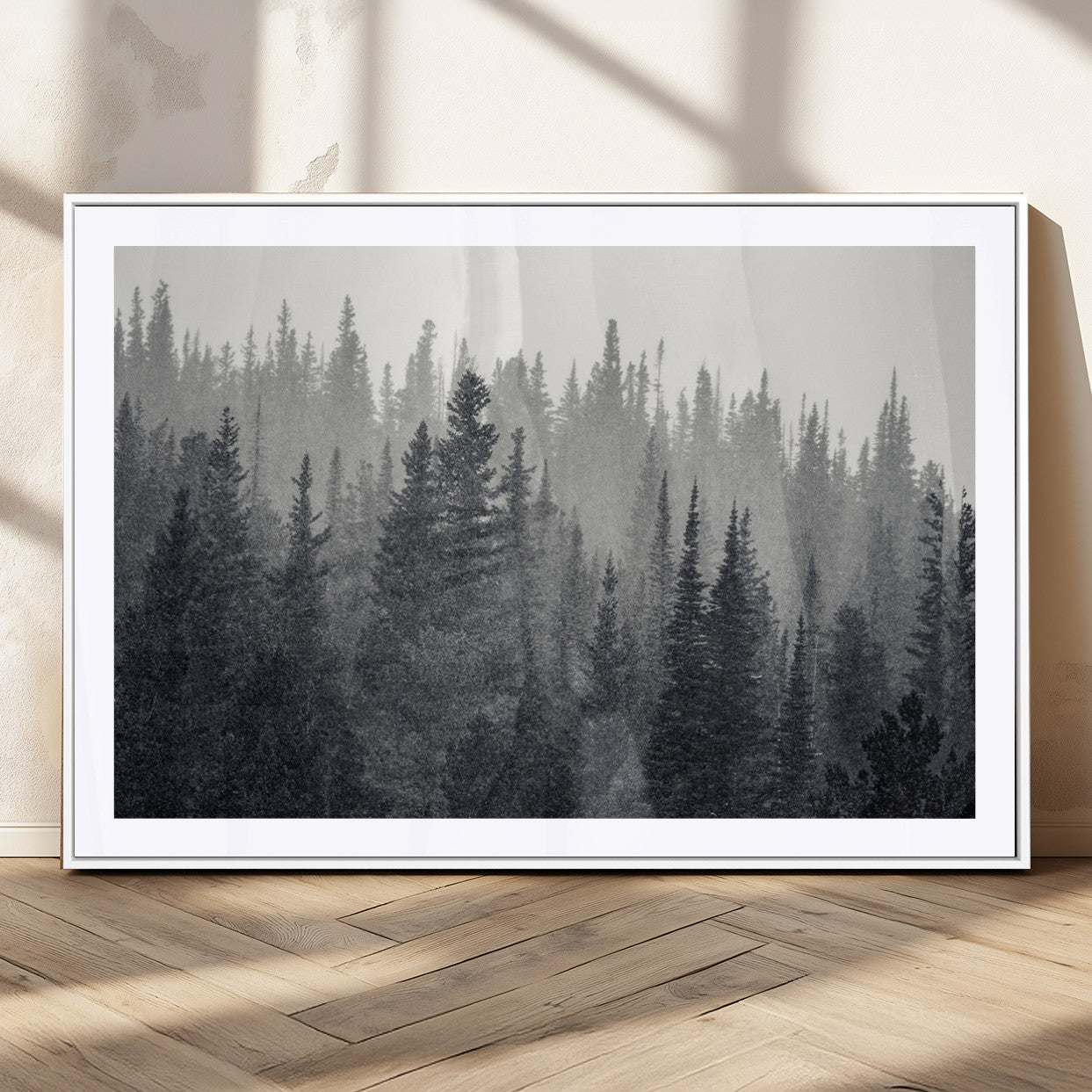MGC-FP-36x24 - Misty Forest Canvas Wall Art – Monochrome Triptych Pine Tree Print – Nature-Inspired Home Decor –