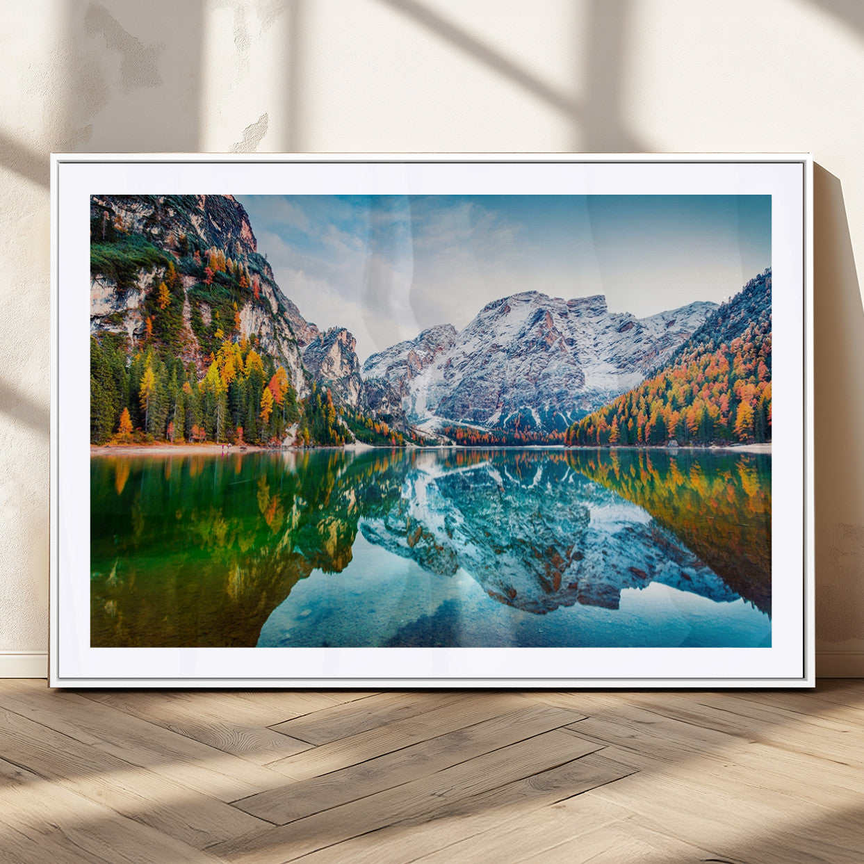 11645-MGC-FP-36x24_White-Spectacular autumn view of Braies Lake Wall Art Canvas Print