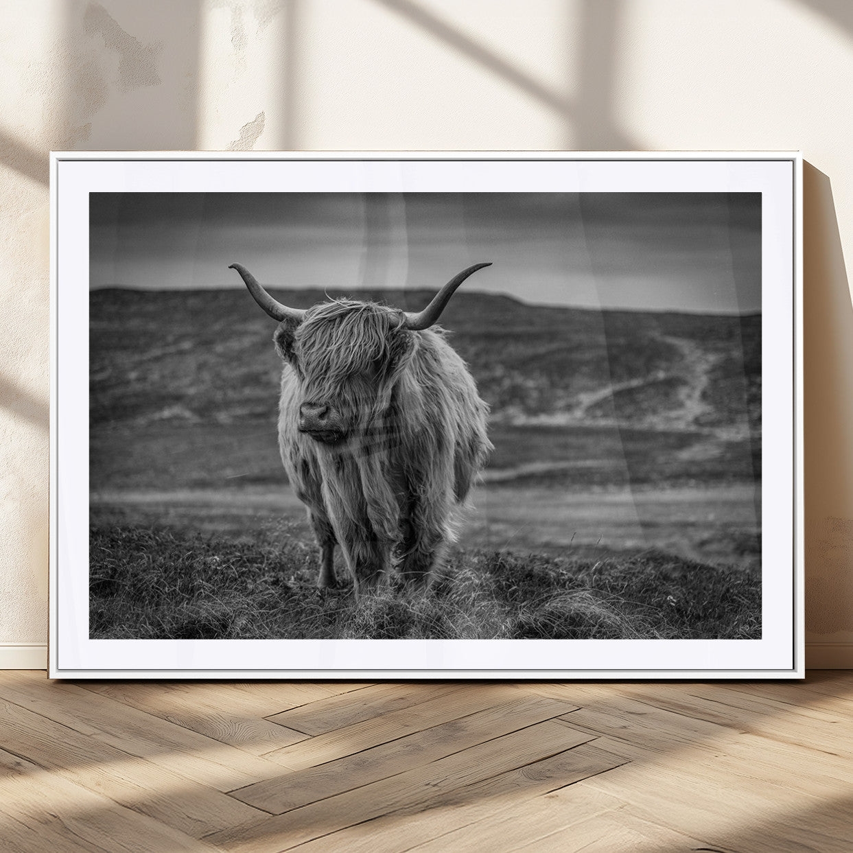 MGC-FP-36x24 - Fluffy Cattle Wall Art Print, Highland Cow Canvas, Framed Black and white Wall Art