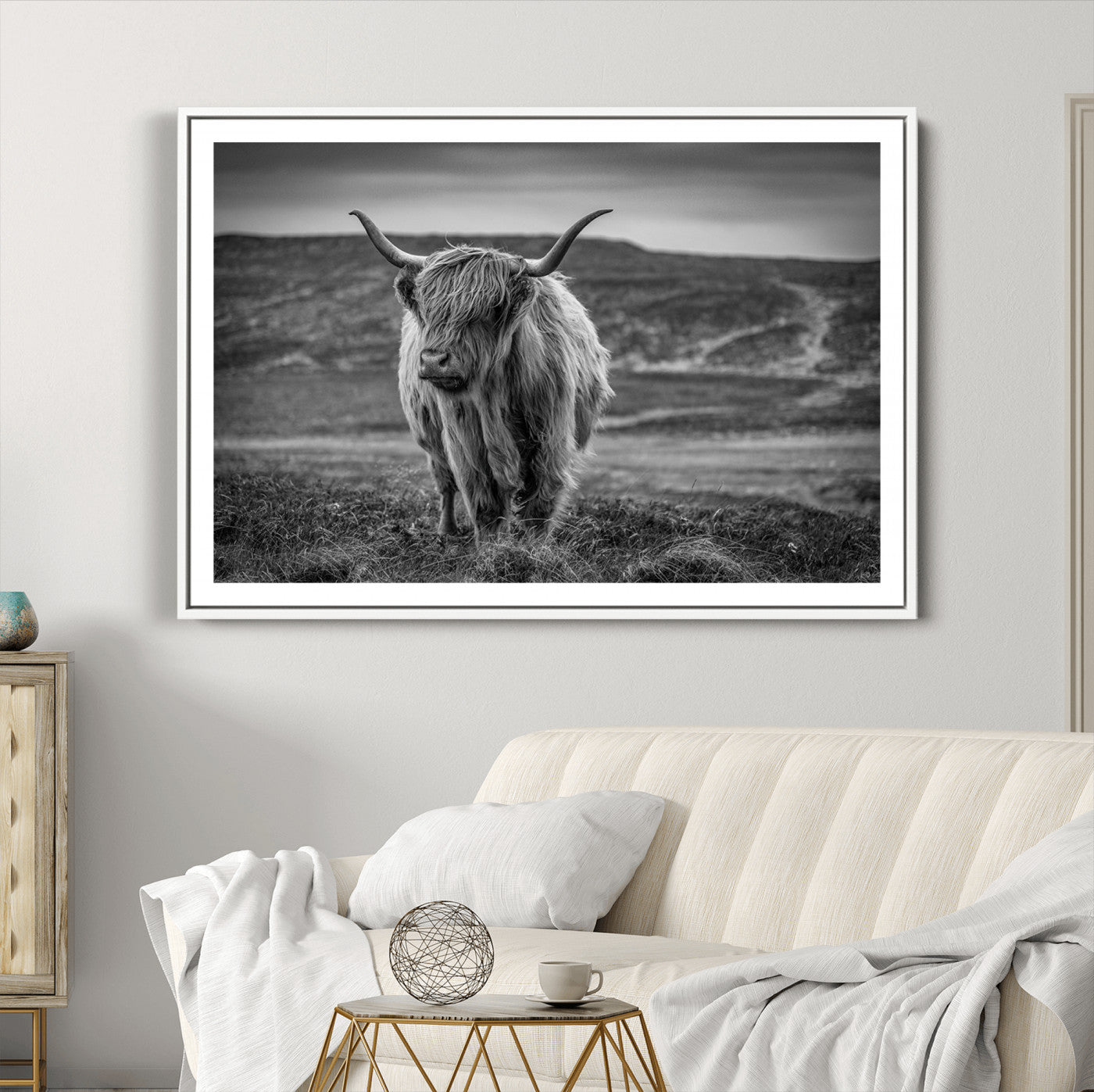 42995-MGC-FP-36x24_White-Fluffy Cattle Wall Art Print, Highland Cow Canvas, Framed Black and white Wall Art