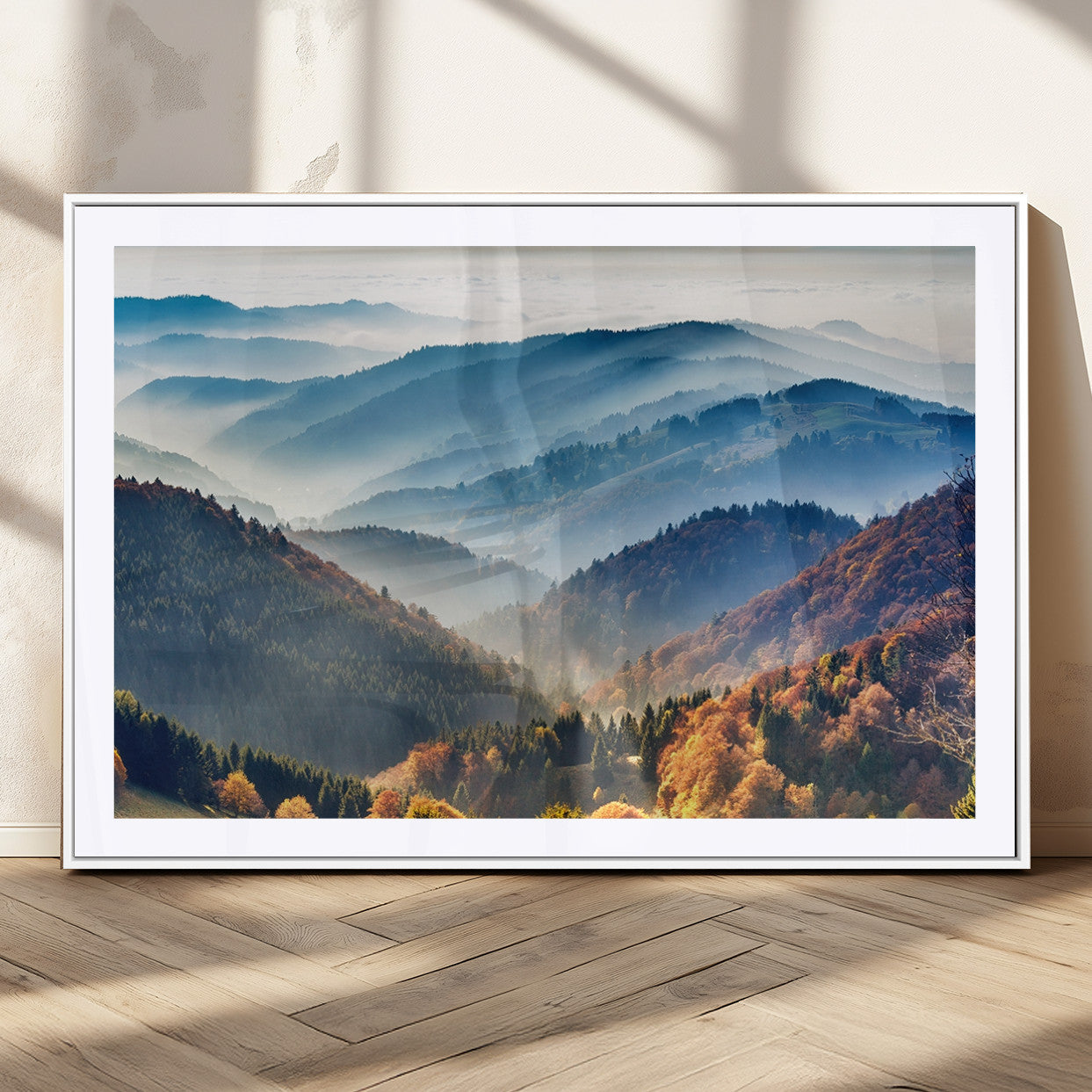 MGC-FP-36x24 - Misty Mountain Sunrise Triptych Canvas Print – Autumn Landscape Wall Art – Scenic Nature Decor –
