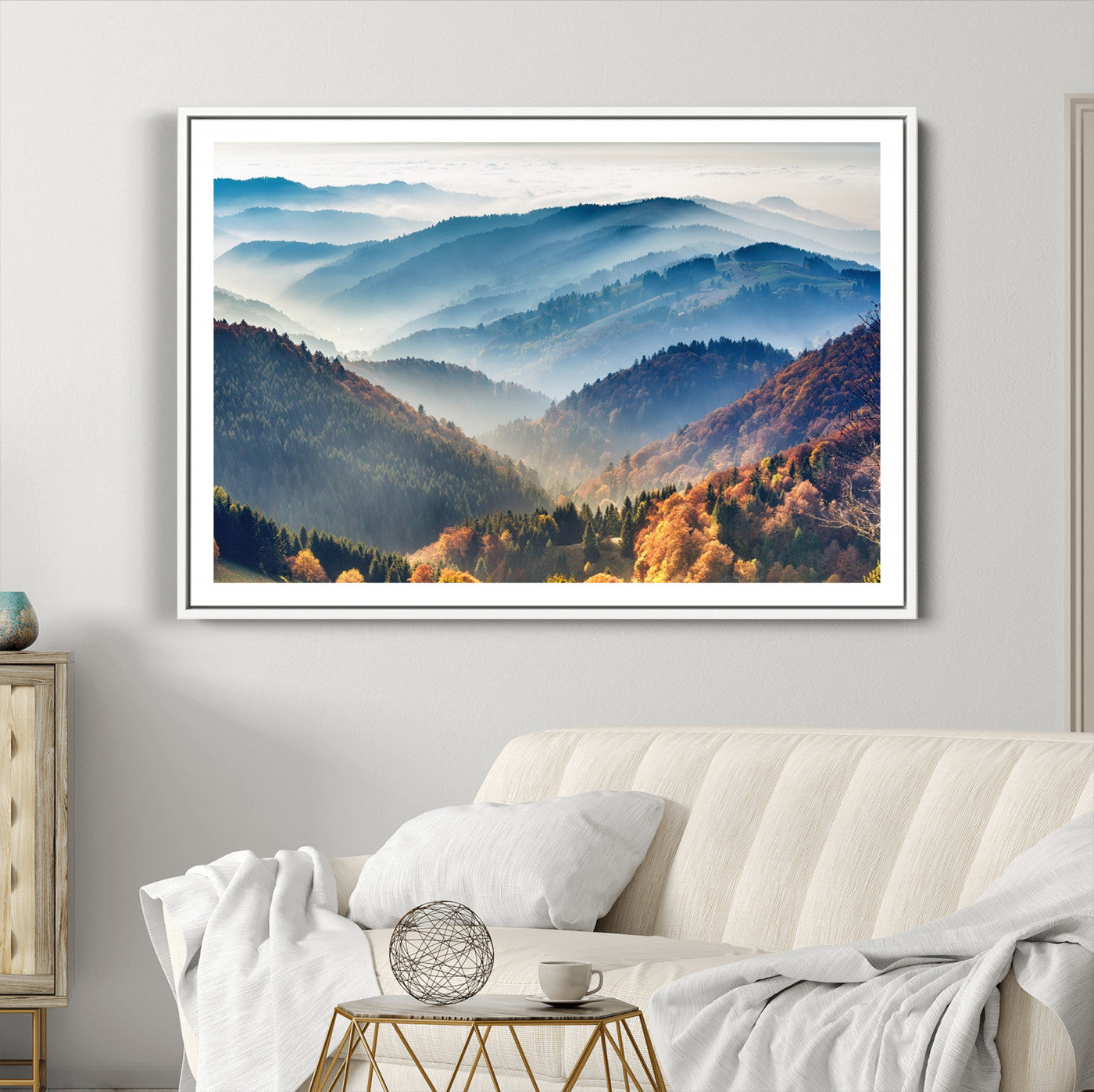 23293-MGC-FP-36x24_White-Misty Mountain Sunrise Triptych Canvas Print – Autumn Landscape Wall Art – Scenic Nature Decor – Ready to Hang