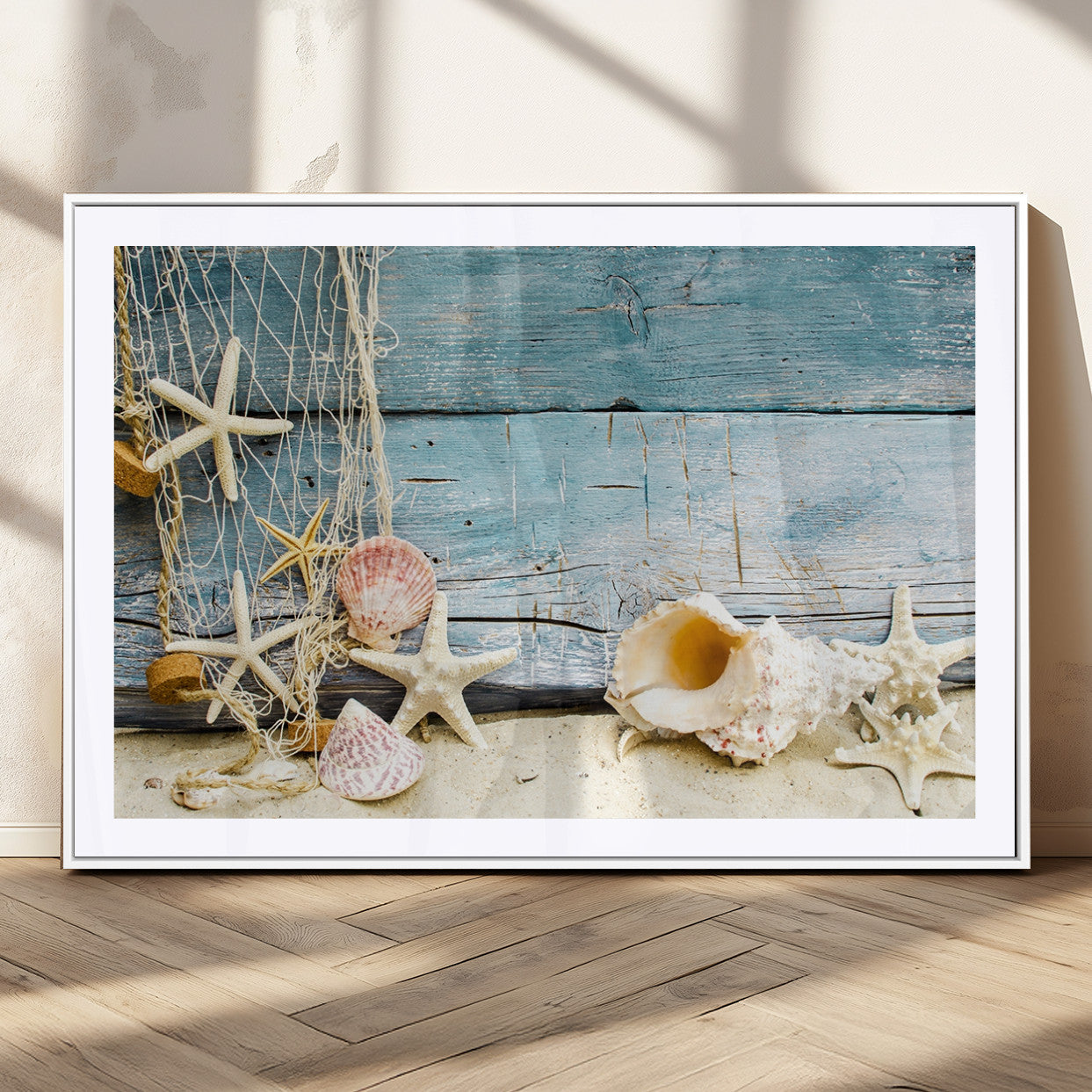 MGC-FP-36x24 - Seashells on Rustic Wooden Background, Seashells Wall Art Canvas Print