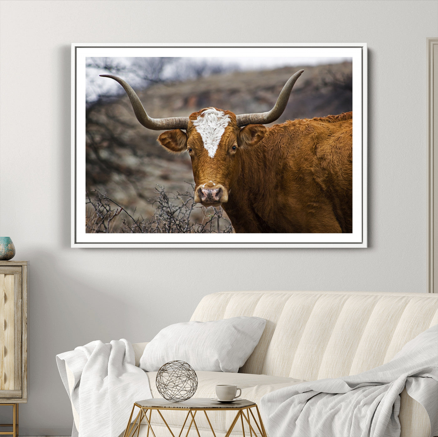 71797-MGC-FP-36x24_White-Texas Longhorn Canvas Wall Art - Longhorn Steer Canvas Wall Art Print- Rustic Western Animal Print, Large Longhorn Decor for Living Room,