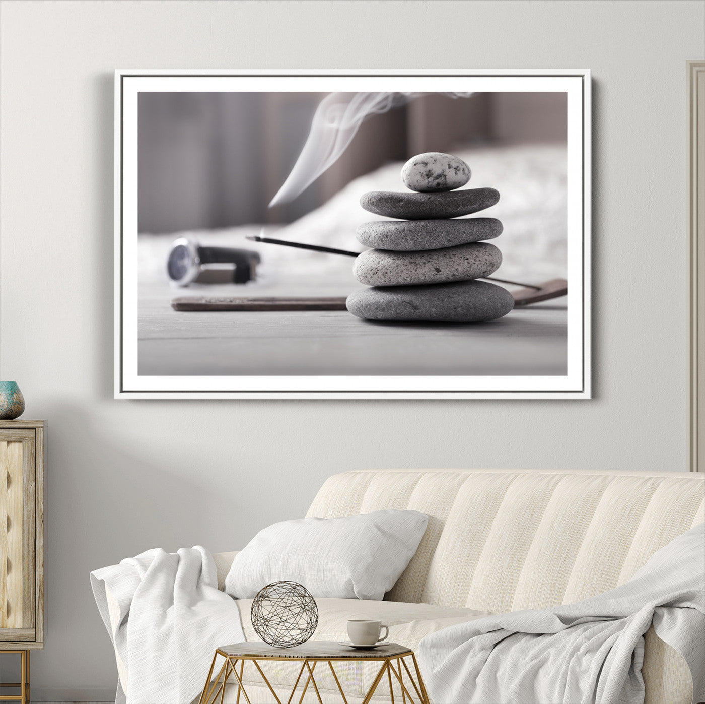 50072-MGC-FP-36x24_White-Burning Incense and Zen Stones Buddhism Wall Art, Zen Stones Wall Art Canvas Print