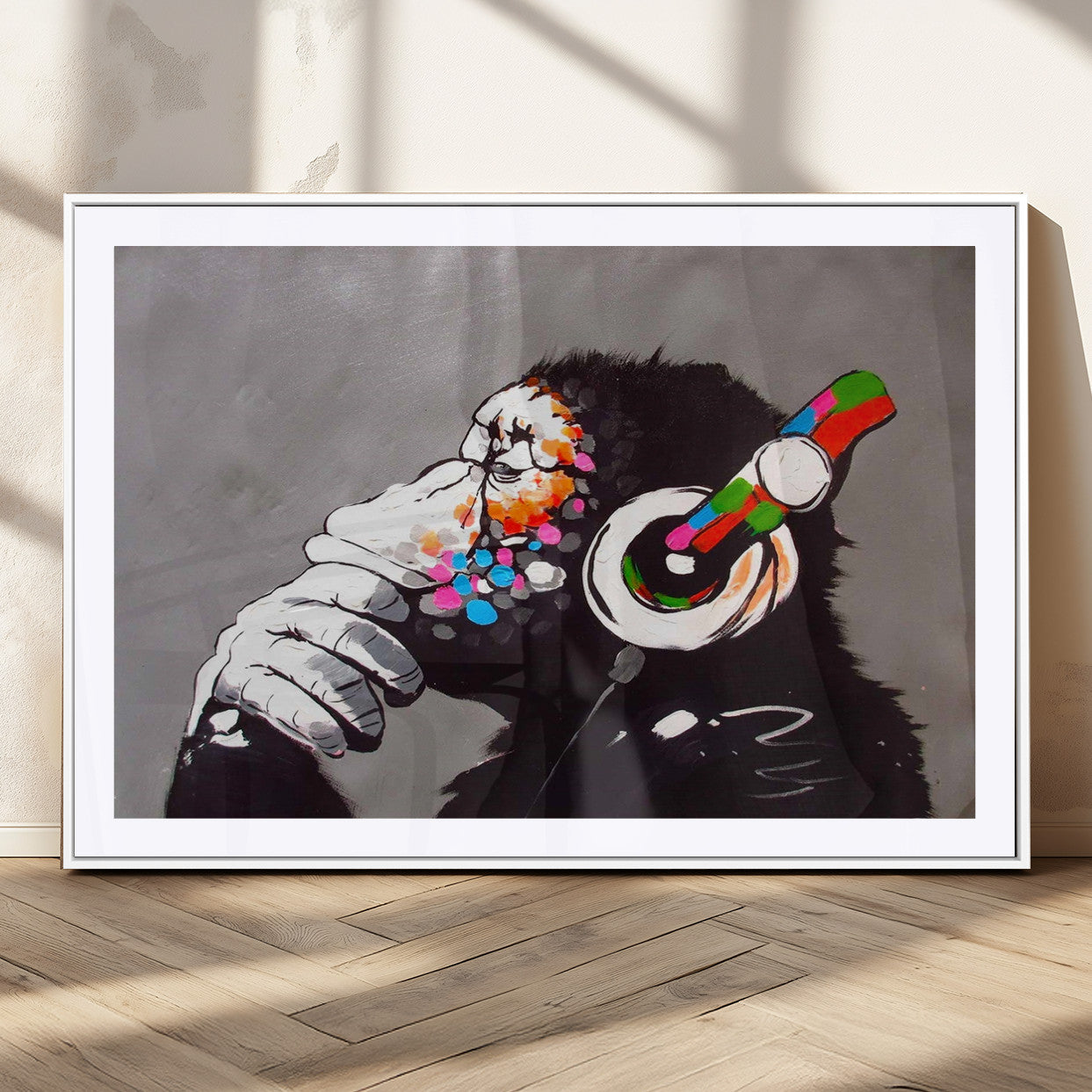 MGC-FP-36x24 - Dj Monkey Listening to Music Wall Art Print | Banksy Monkey Large Canvas Print for Living Room,