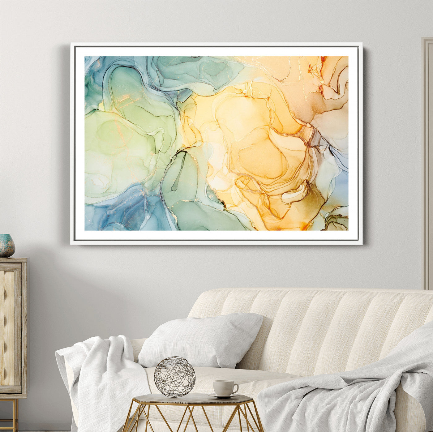 42195-MGC-FP-36x24_White-Green and Yellow Marble Fluid Effect Wall Art, Green and Yellow Marble Canvas Wall Art Print
