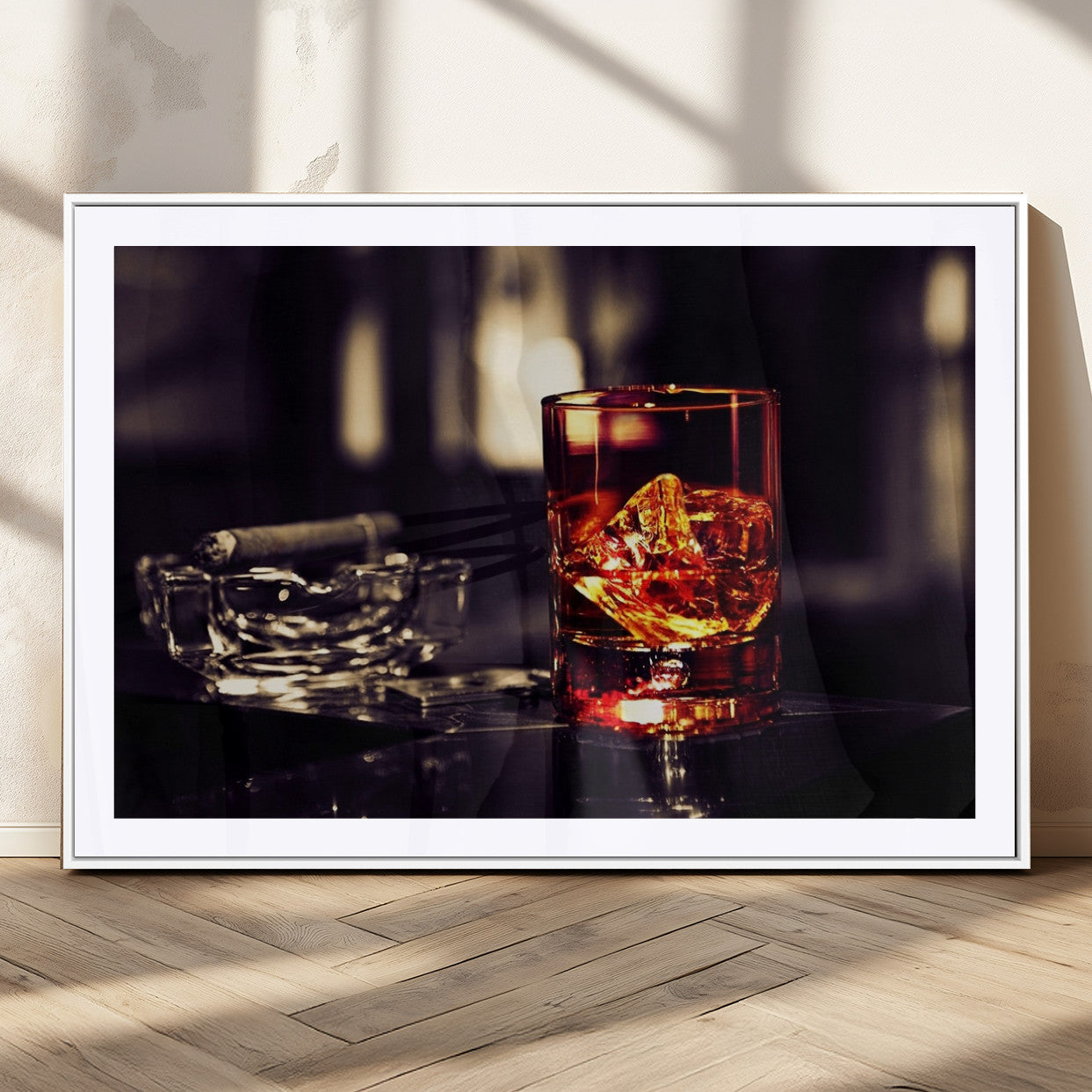 MGC-FP-36x24 - Whiskey and Cigar Canvas – Luxurious Wall Art for Home or Bar – Glass and Cigar Scene Print Canvas