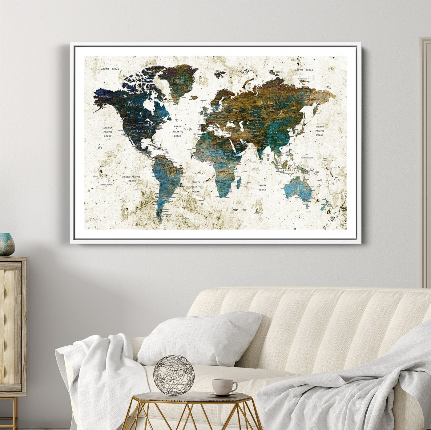 78067-MGC-FP-36x24_White-Vintage World Map Wall Art Canvas Print, Framed Rustic Earth Map Art Picture Print, Antique Map Perfect Rustic Vintage Decor Artwork