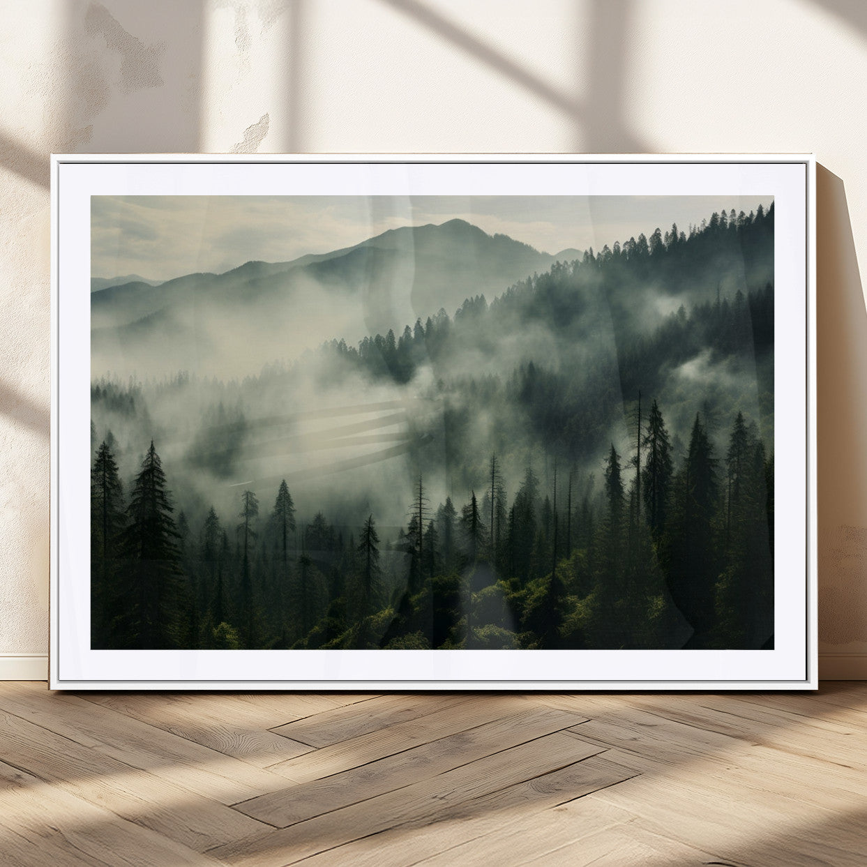MGC-FP-36x24 - Captivating Misty Forest Wall Art Premium Canvas Print a Foggy and Serene Atmosphere