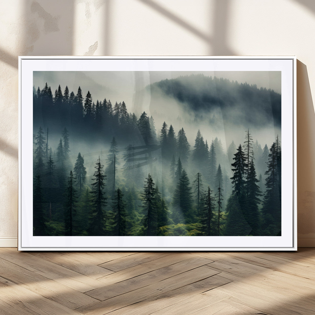 MGC-FP-36x24 - Captivating Misty Forest Wall Art Premium Canvas Print a Foggy and Serene Atmosphere