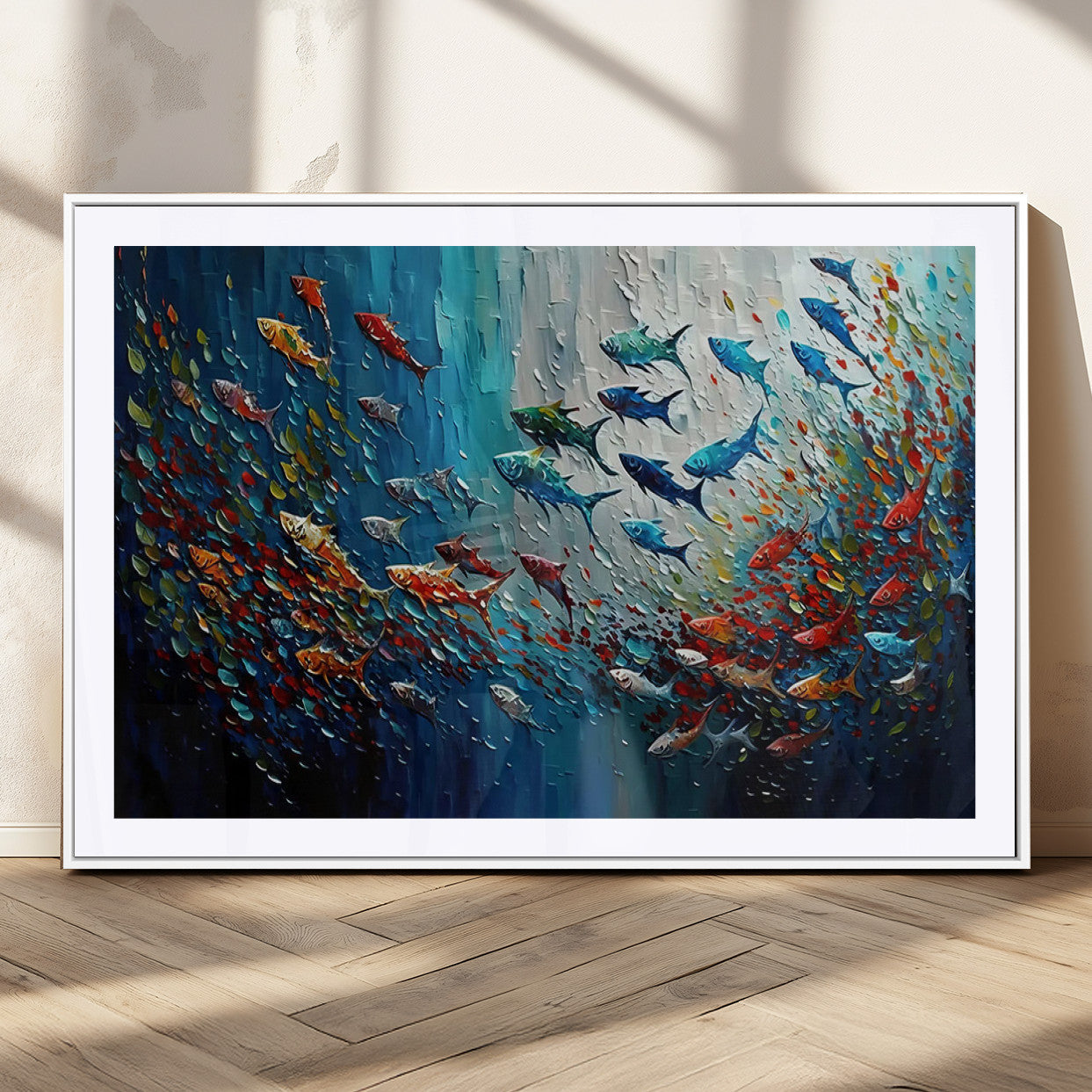 MGC-FP-36x24 - Modern Abstract Fish Shoal Wall Art Canvas Print, Colorful Fish Herd Painting on Canvas Print, Ocean