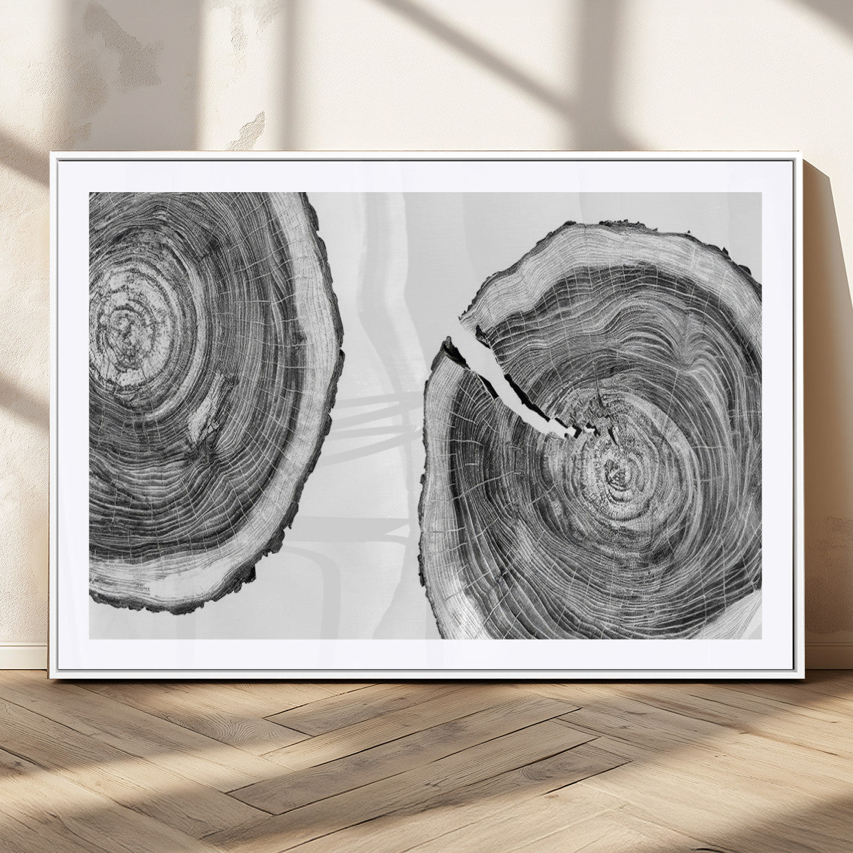 MGC-FP-36x24 - Modern Black and White Tree Rings Canvas Wall Art – Nature Inspired Wood Slice Print – Minimalist