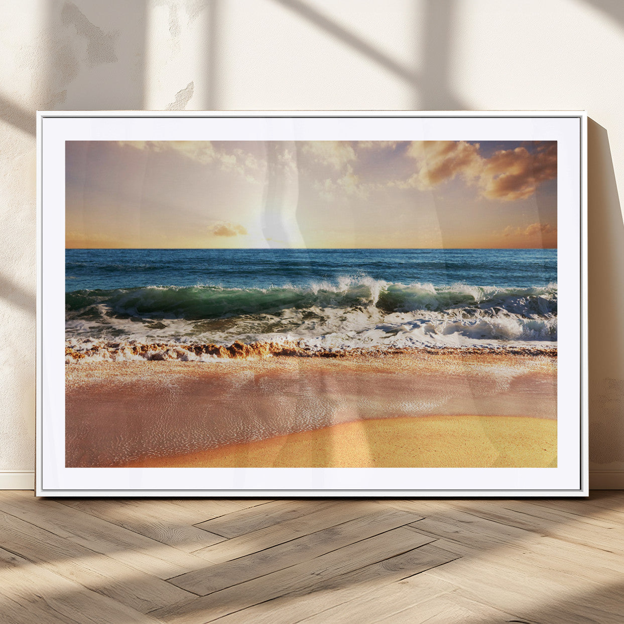 MGC-FP-36x24 - Sunset Beach Wall Art - 3-Panel Framed Canvas Print, Ready to Hang Ocean Sunset for Coastal and