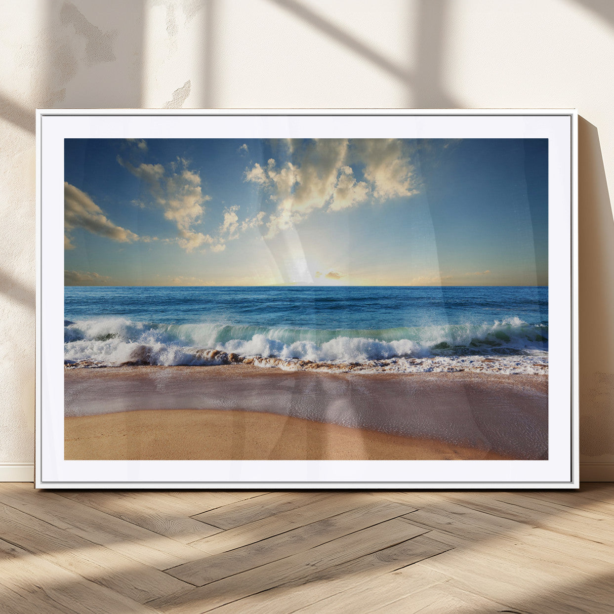MGC-FP-36x24 - Serene Ocean Sunset Canvas Wall Art - Beach Waves at Sunset, Ready to Hang