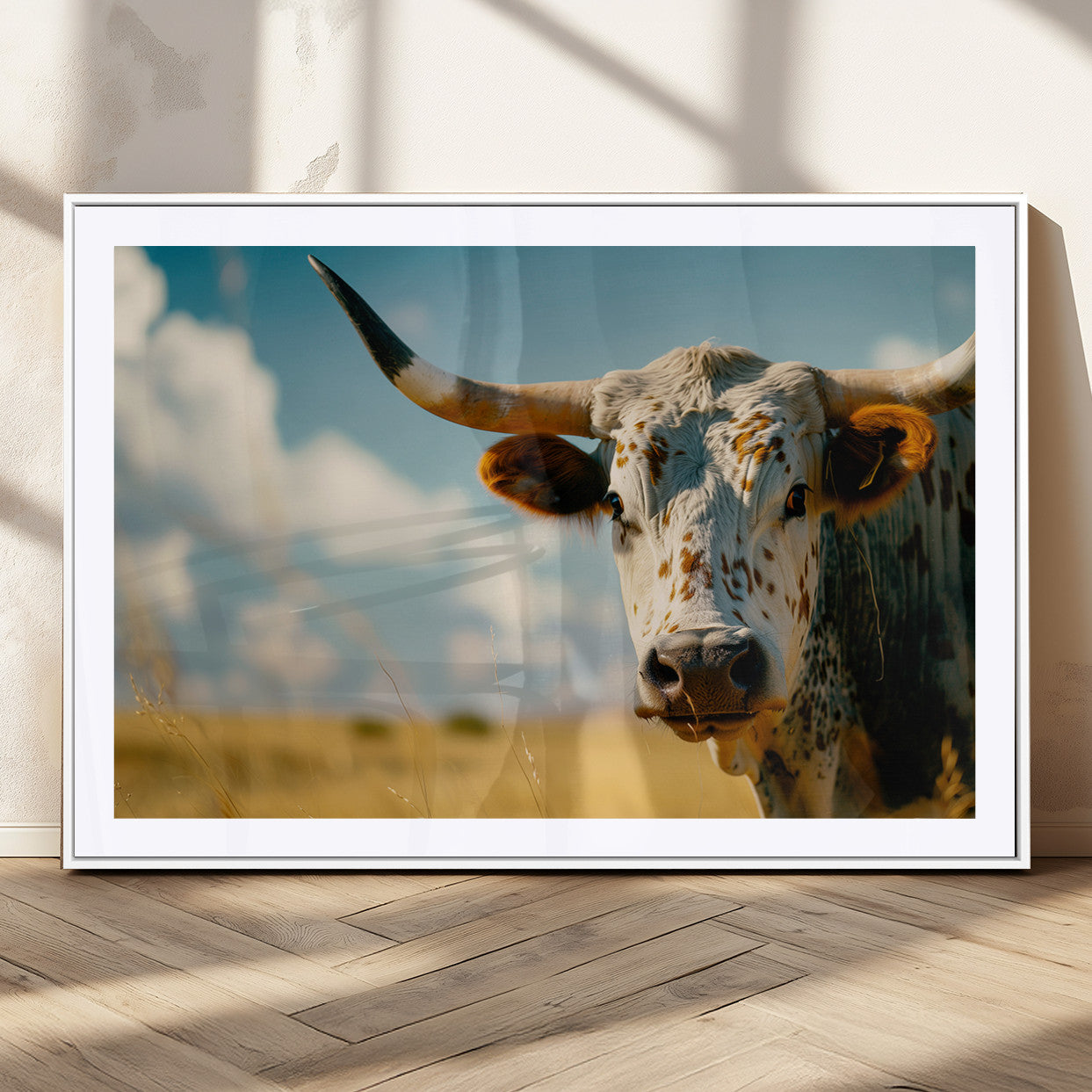 MGC-FP-36x24 - Longhorn in the Prairie - Stunning Ranch-Style Triptych Wall Art for Western Home Decor, Cowboy Wall