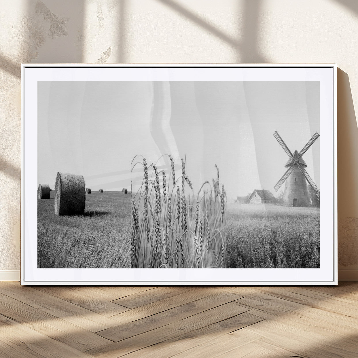 MGC-FP-36x24 - Vintage Farmhouse Black and White Triptych Wall Art – Giclee Canvas Featuring Wheat Fields, Hay