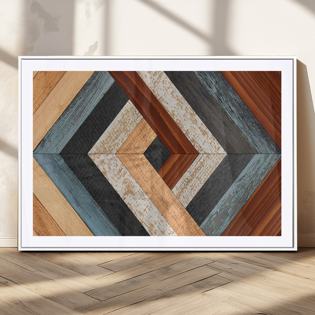 MGC-FP-36x24 - Geometric Wood Art Wall Decor Canvas Print, Rustic Wooden Pattern Triptych Wall Art for Living Room