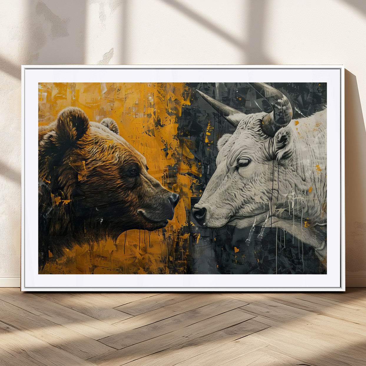 MGC-FP-36x24 - Bear and Bull Wall Art Canvas Print – Abstract Animal Portrait Painting for Modern Home Decor –