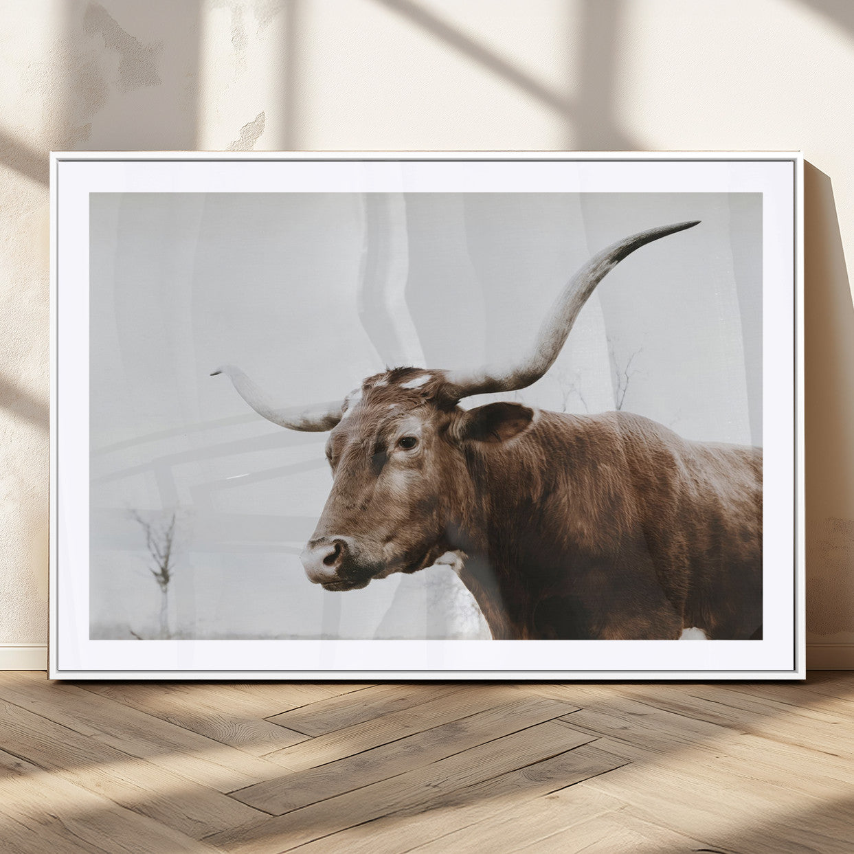 MGC-FP-36x24 - Rustic Bull Wall Art Canvas Print – Modern Longhorn Farmhouse Animal Decor – Abstract Farm Cow