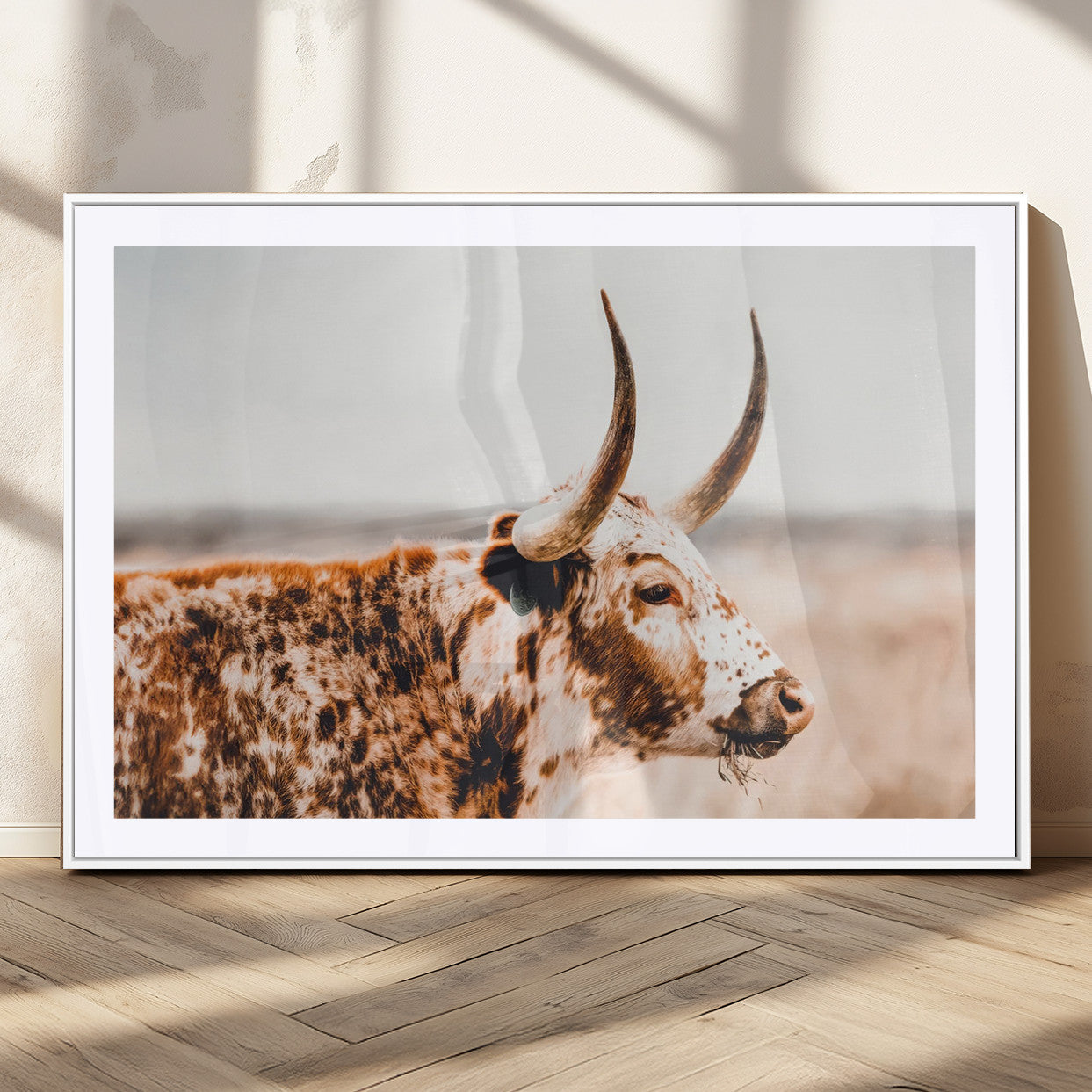 50356-MGC-FP-36x24_White-Speckled Bull Wall Art Canvas Print – Rustic Cow Longhorn Farmhouse Animal Decor – Western Longhorn