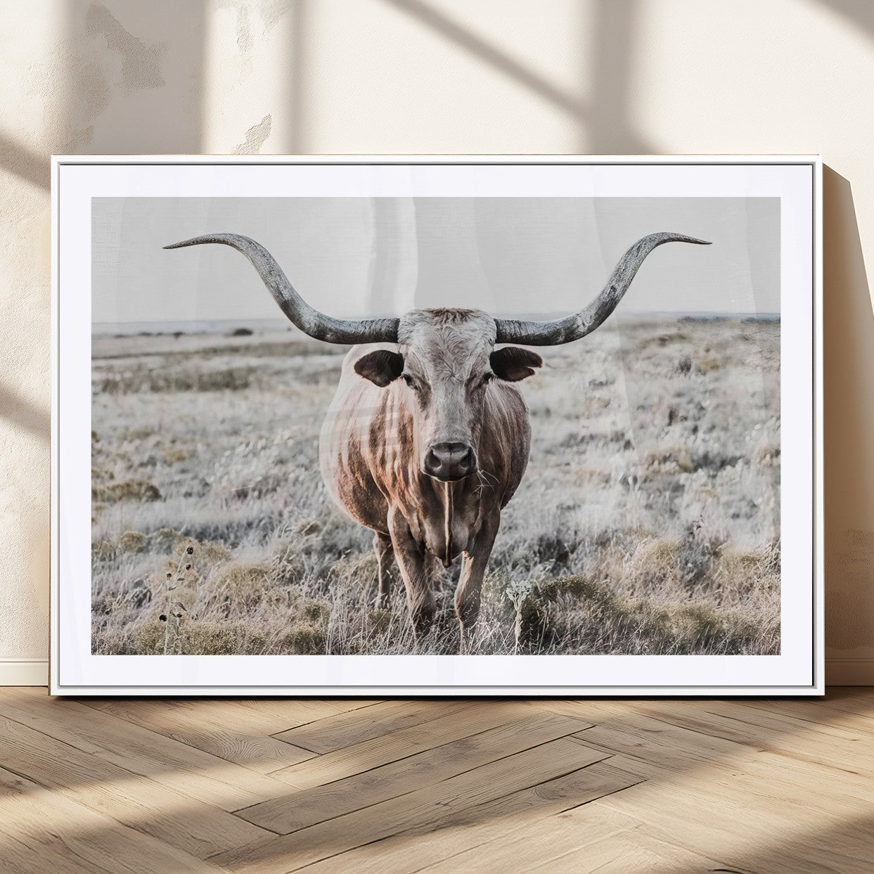 26121-MGC-FP-36x24_White-Rustic Texas Longhorn Wall Art Canvas Print | Western Farmhouse Decor for Living Room or Office,