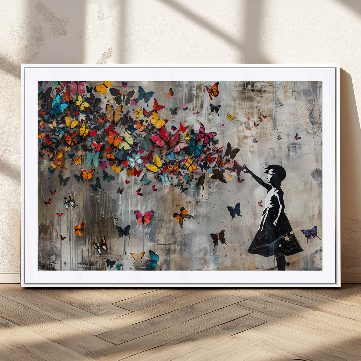 MGC-FP-36x24 - Banksy Wall Art - Banksy Girl and Butterfly Explosion Wall Art Canvas Print | Girl with Butterflies