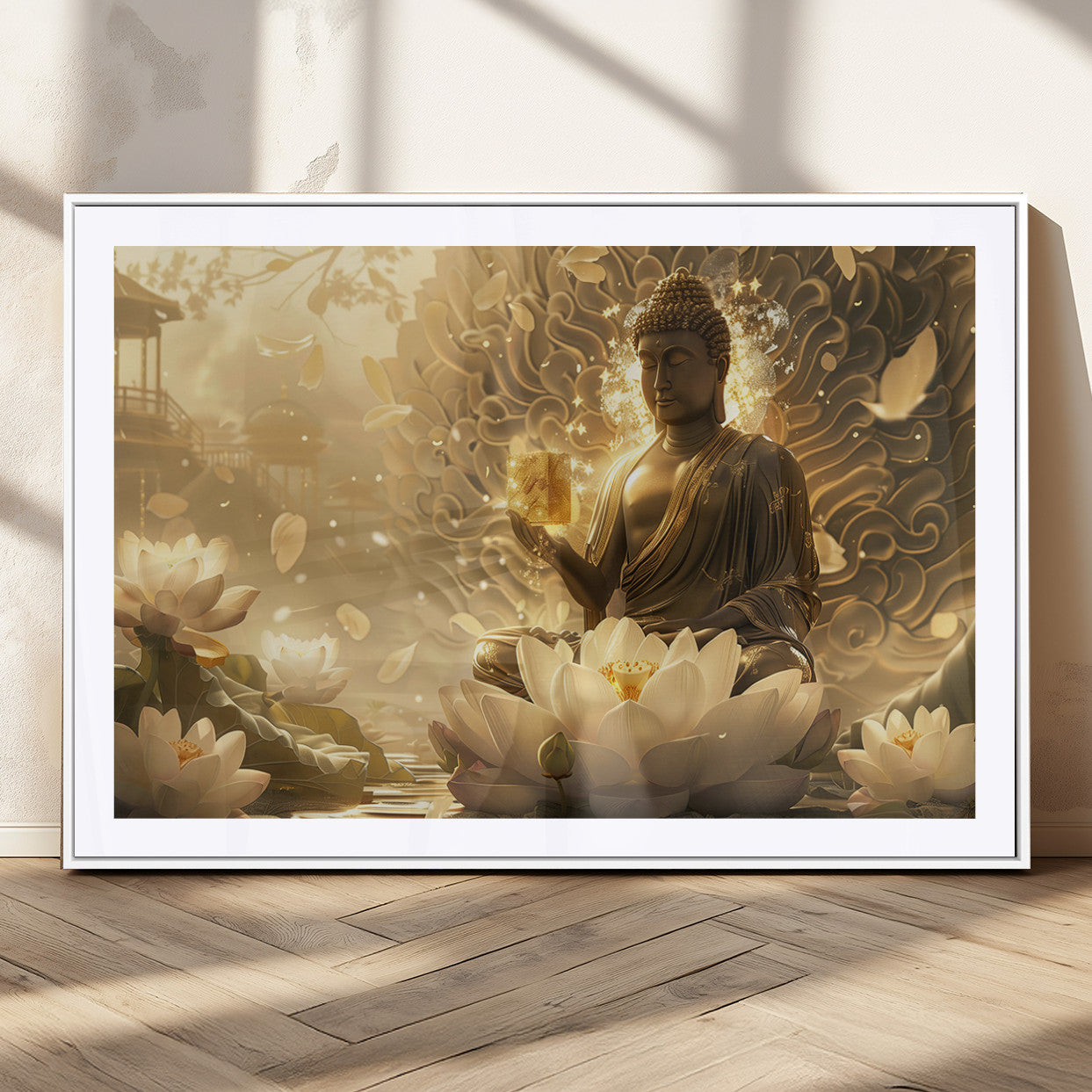 MGC-FP-36x24 - Golden Buddha Wall Art | Yoga Room Decor and Meditation Room Wall Art | Framed and Ready to Hang