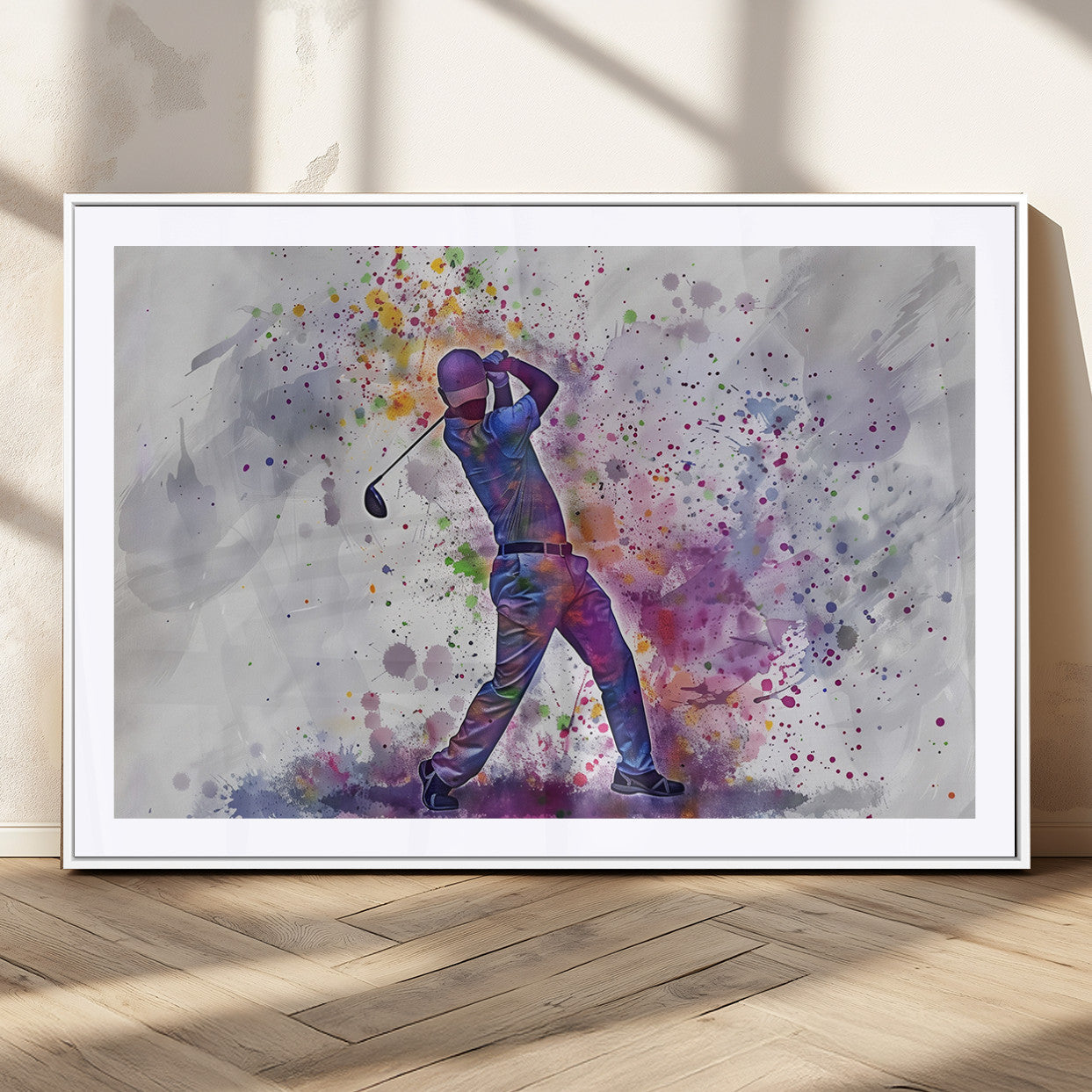 MGC-FP-36x24 - Watercolor Golf Swing Wall Art Canvas Print | Vibrant Abstract Golf Player Silhouette |