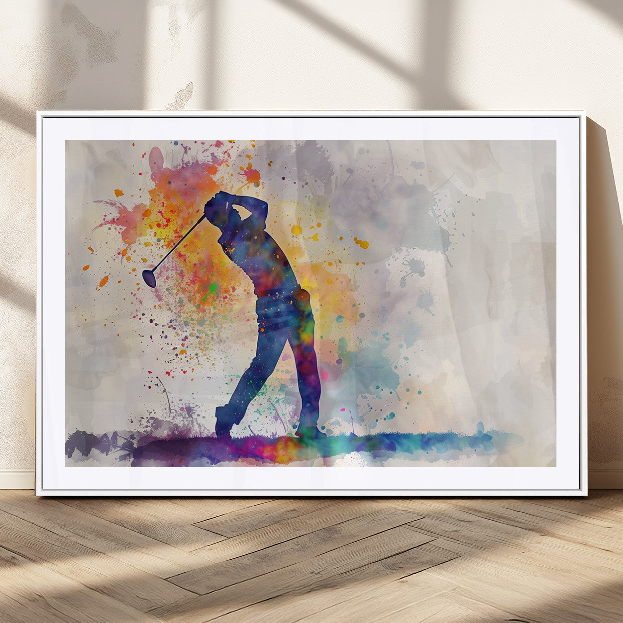 MGC-FP-36x24 - Watercolor Golf Swing Wall Art Canvas Print | Vibrant Abstract Golf Player Silhouette |