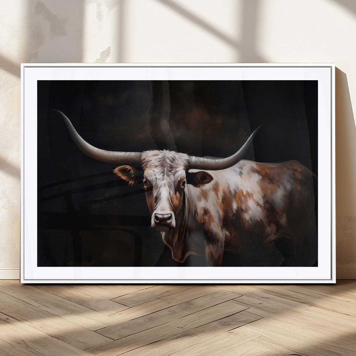 82543-MGC-FP-36x24_White-Texas Longhorn Wall Art Canvas Print | Western Ranch Decor | Bold Rustic Cattle Artwork | Ready to