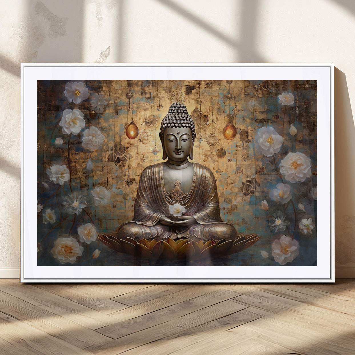 MGC-FP-36x24 - Golden Buddha Wall Art Canvas Print | Zen Meditation Floral Decor | Tranquil Spiritual Home Art |