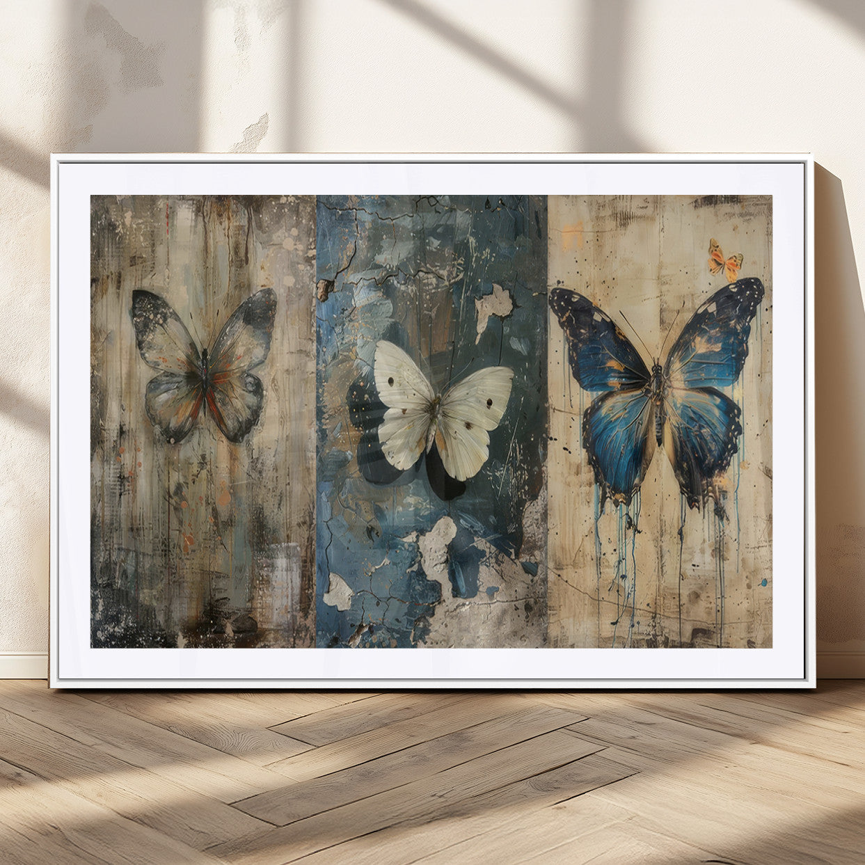 MGC-FP-36x24 - Butterfly Wall Art Trio | Vintage Butterfly Canvas Print | Ready to Hang Framed Artwork for