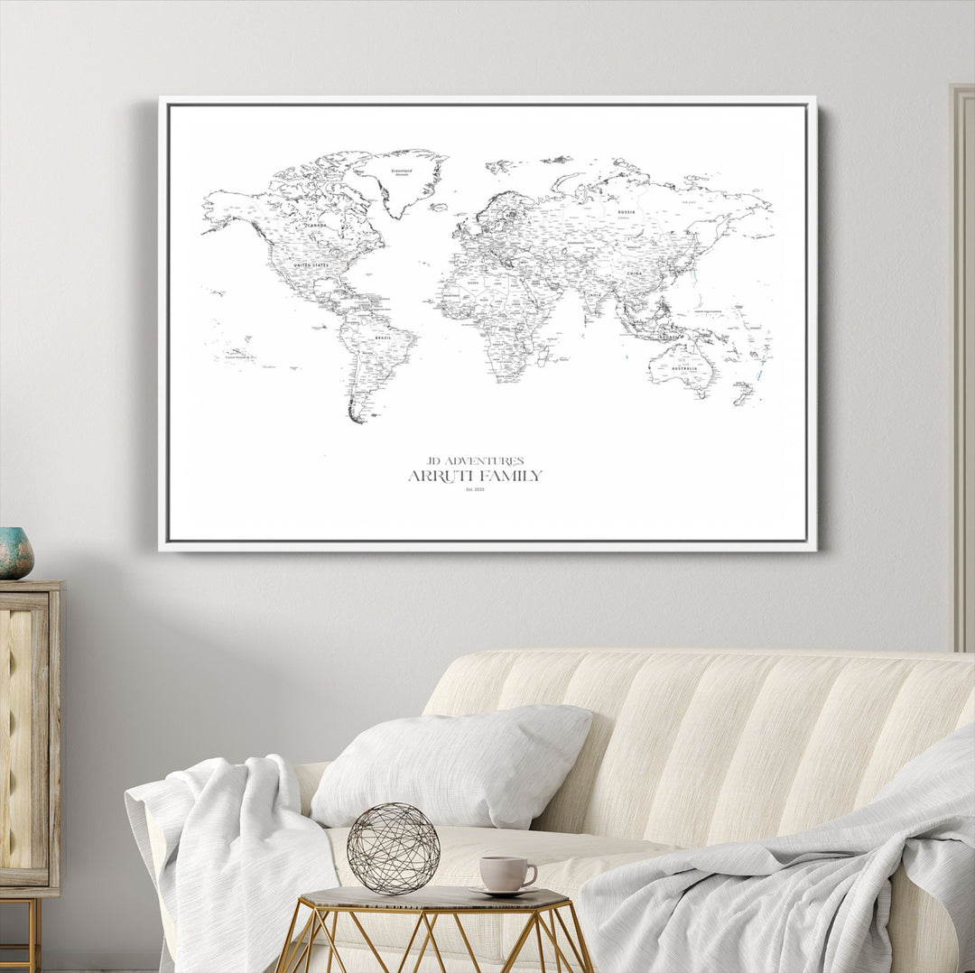 Personalized World Map Wall Art Canvas Print - Custom Push Pin Travel Map Canvas - Framed Map Print for Travel Lover Gift