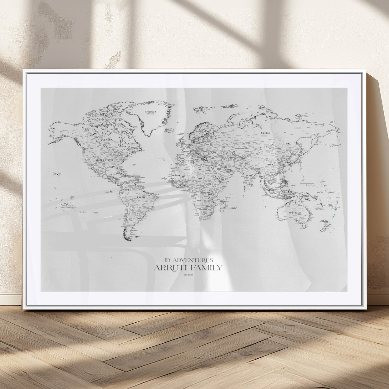MGC-FP-36x24 - Custom World Map Wall Art – Personalized Framed Canvas Print with Push Pins for Travel Tracking,